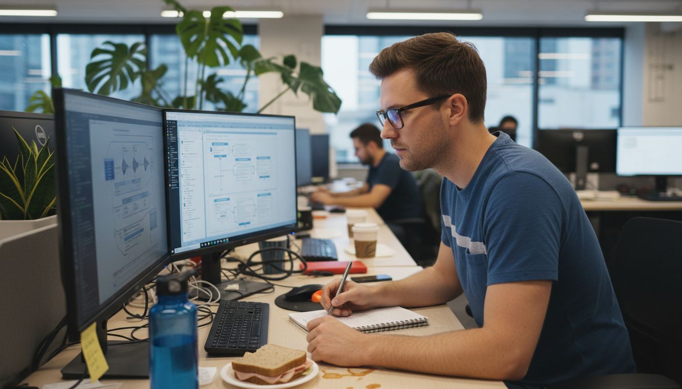 Engineer edits AI workflow at cluttered desk