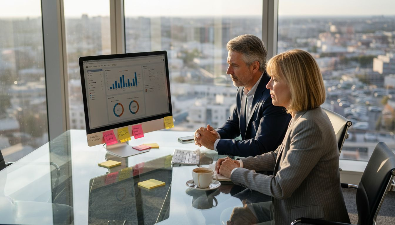 Executives review enterprise AI dashboard in office