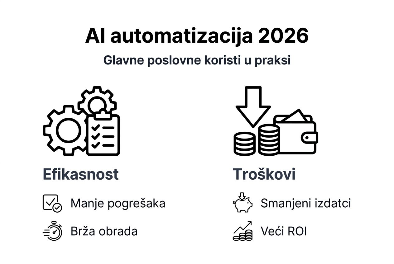 Infografika prikazuje ključne prednosti automatizacije pomoću umjetne inteligencije.