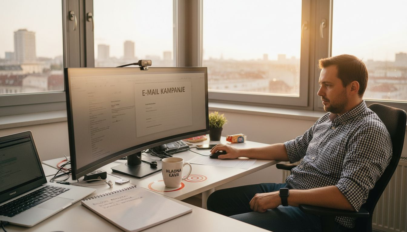 Muškarac za radnim stolom osmišljava strategije za digitalni marketing.