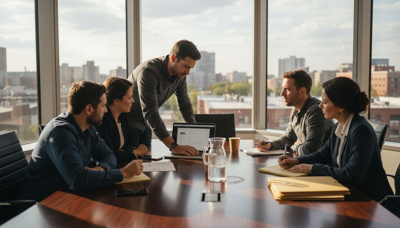 Team meeting in bright city office