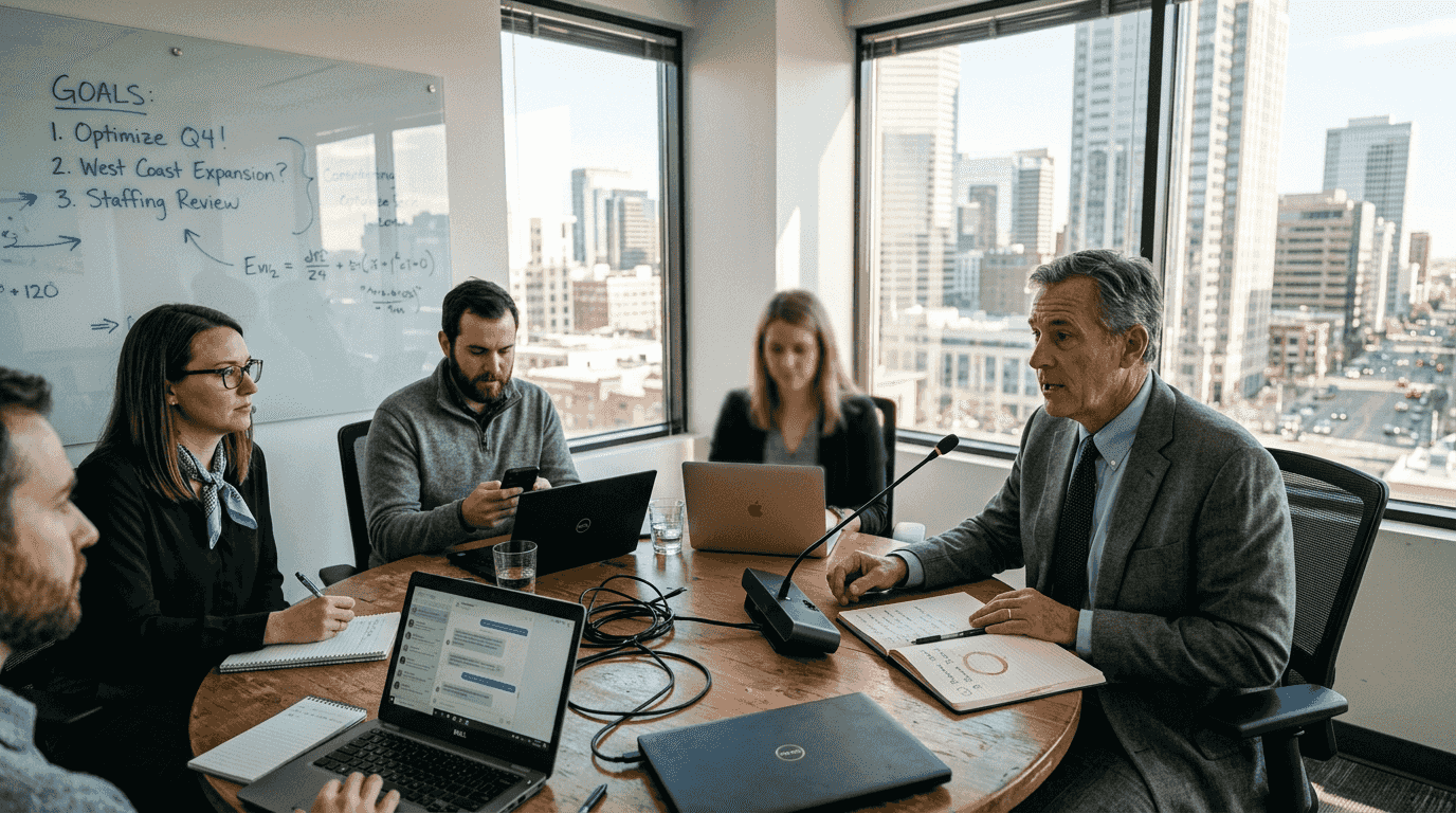 Executive using AI voice translation in office