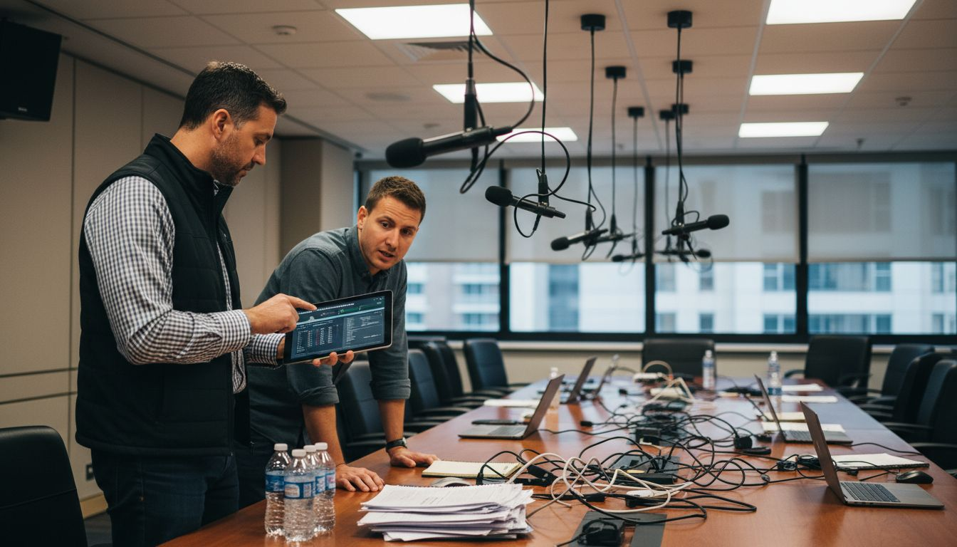 Technical team testing voice translation accuracy