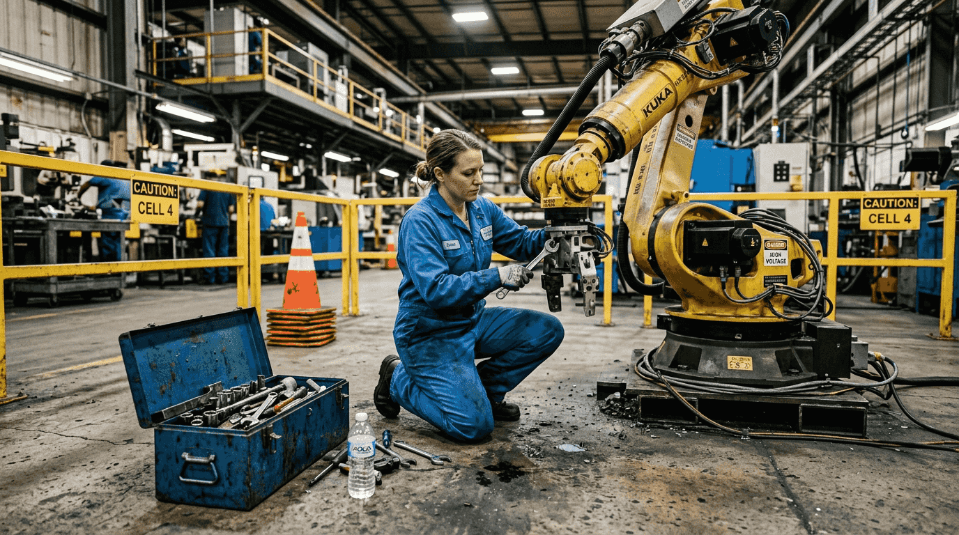 Engineer maintains robotics on busy factory floor