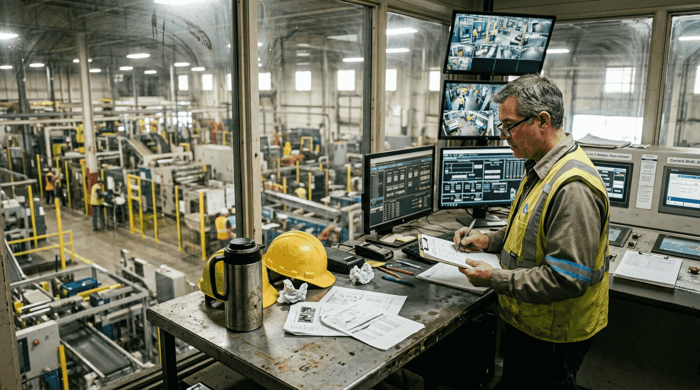 Factory supervisor monitoring AI-driven operations