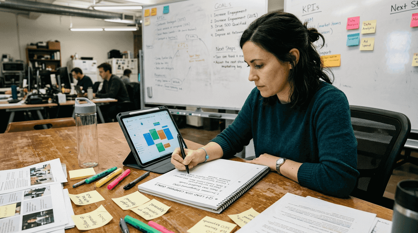 Marketer planning campaign strategy with materials
