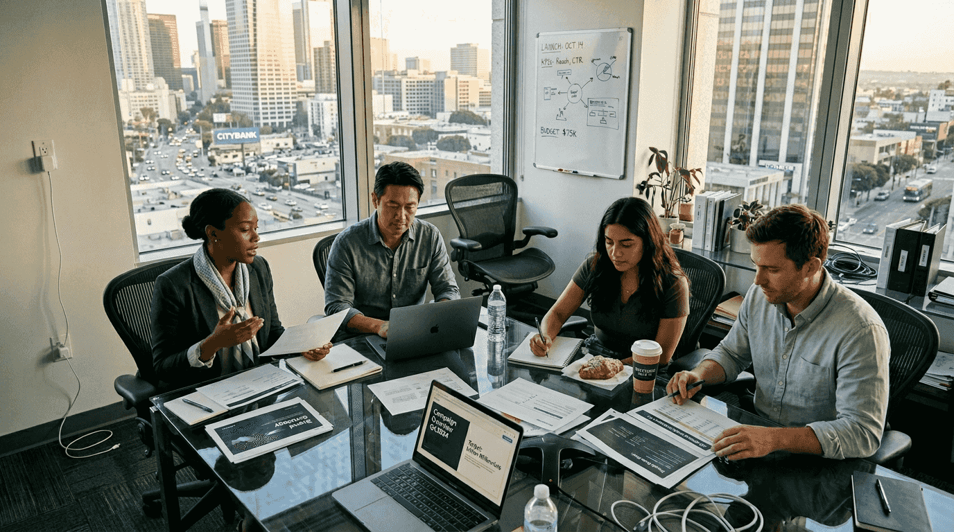 Digital marketing team collaborating in corner office
