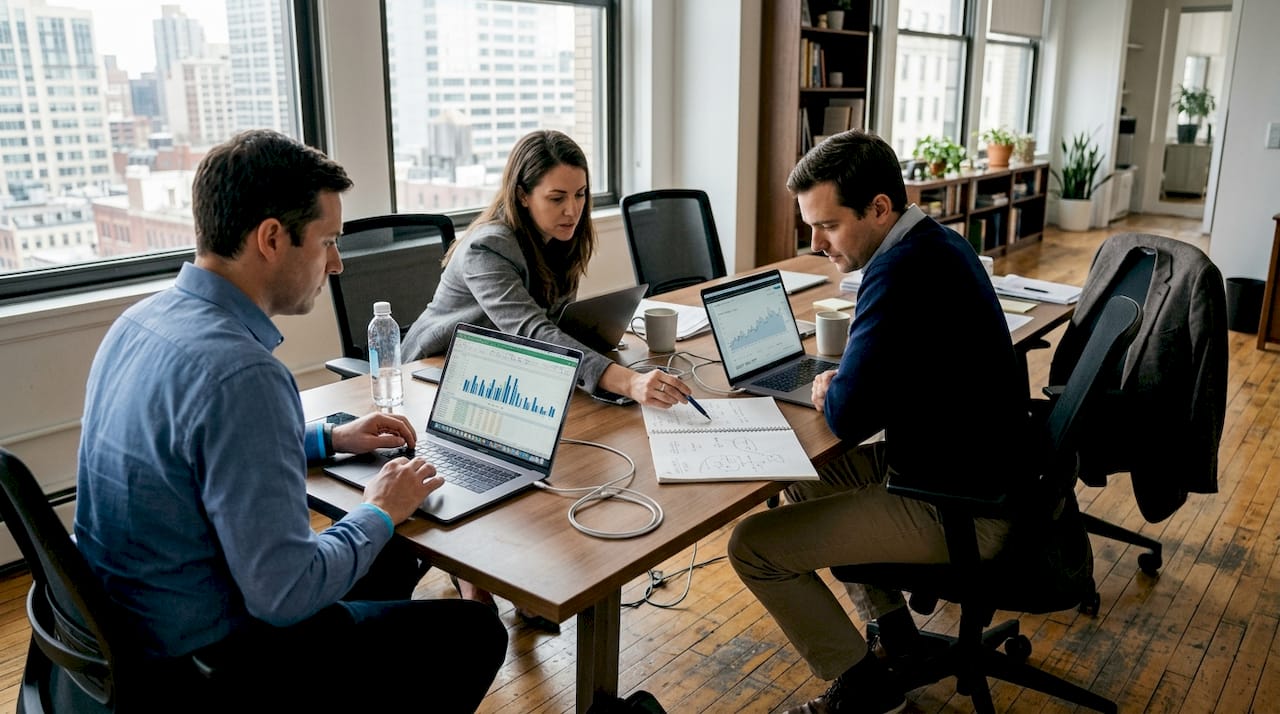 Business intelligence team collaborating in office