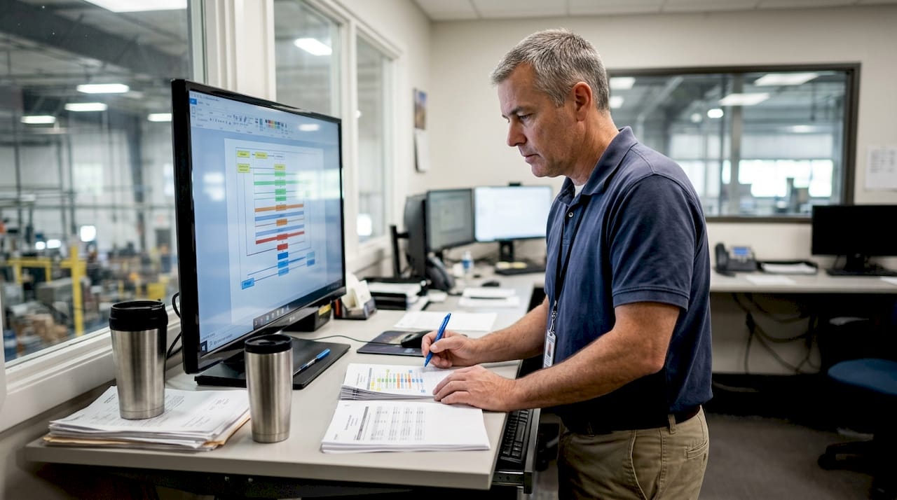 Manager reviewing Industry 4.0 workflow chart
