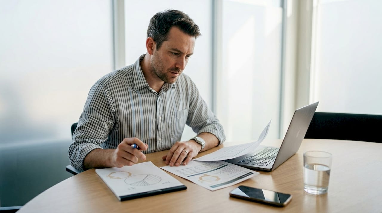 Engineer comparing technology datasheets in meeting