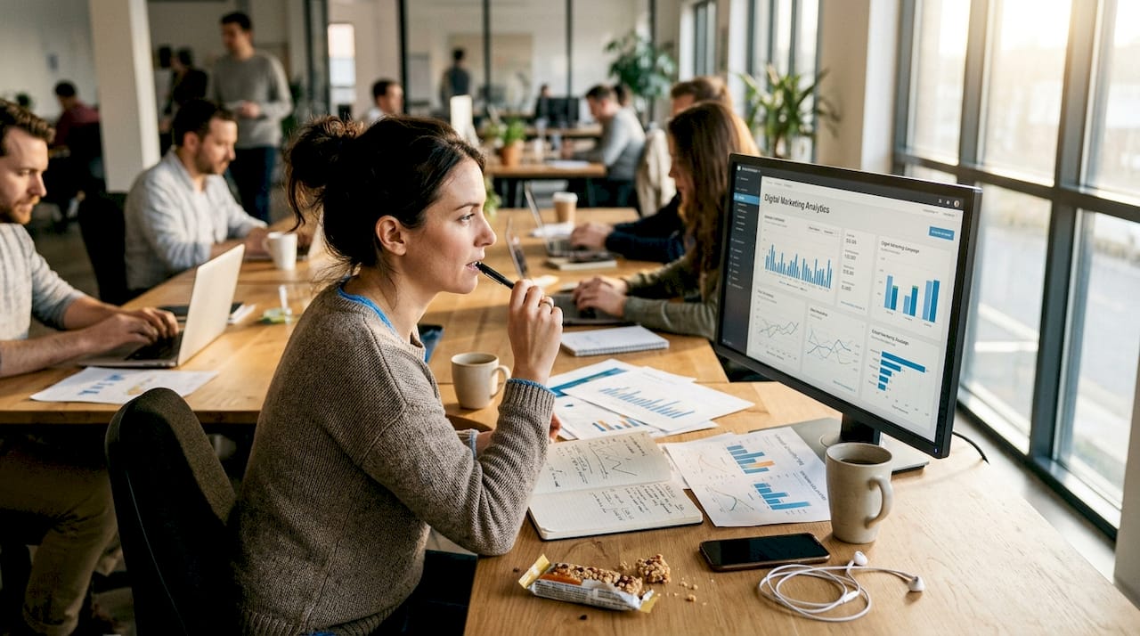 Marketer reviewing analytics in open-plan workspace