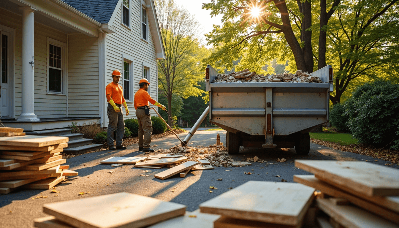 Workers sort construction debris into dumpster