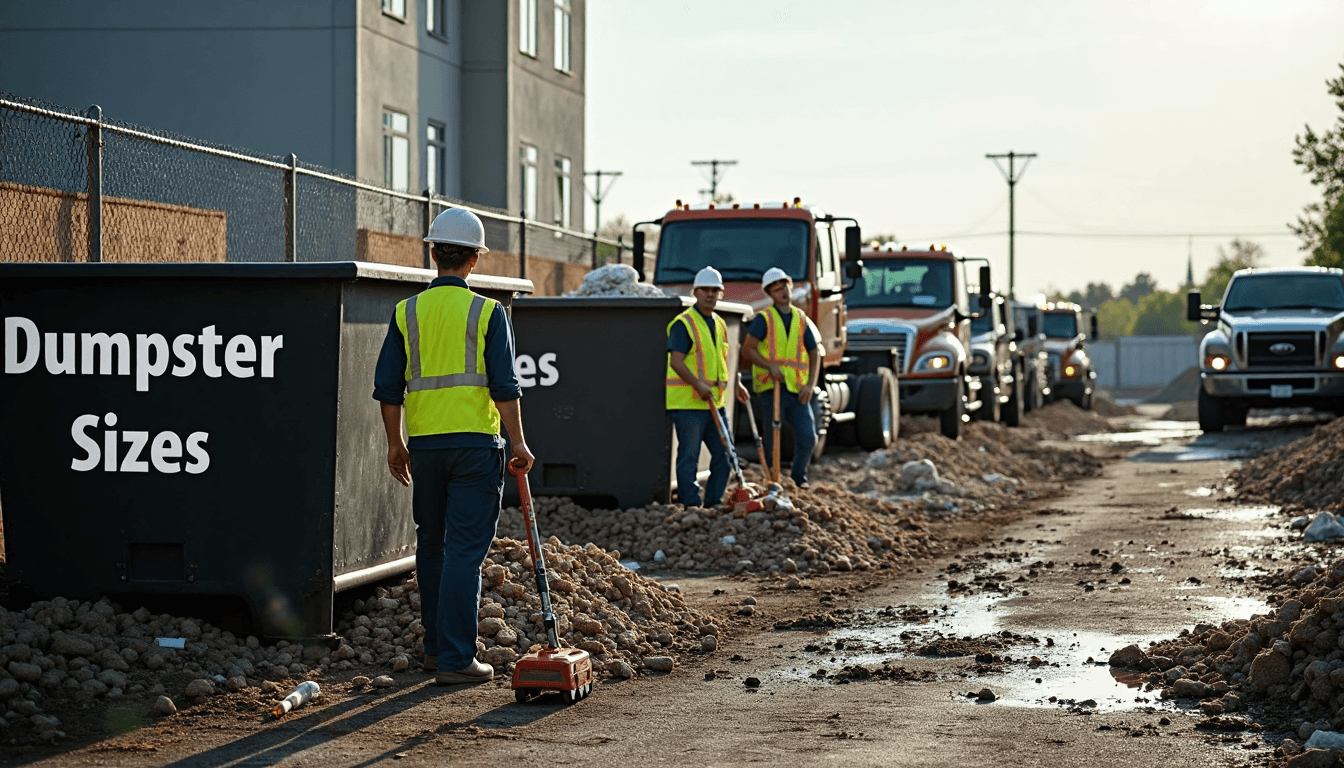 Workers sorting debris near different dumpster sizes at Connecticut site