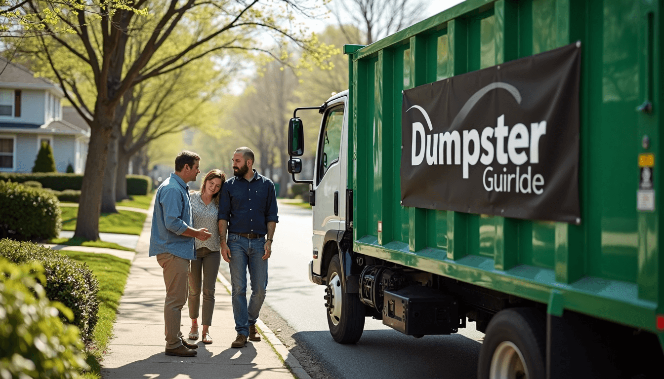 Family and professional near green dumpster during Connecticut renovation