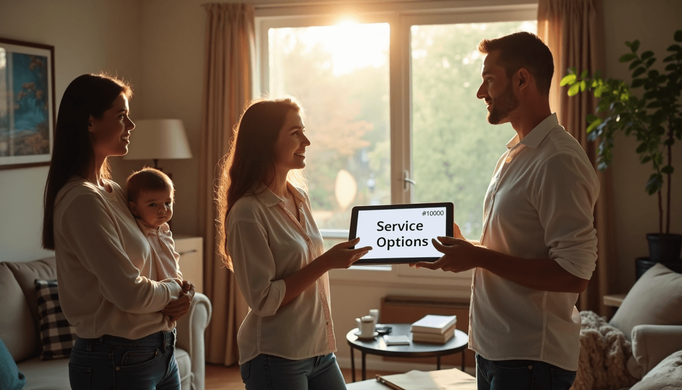 Family and junk removal expert discuss service options in living room