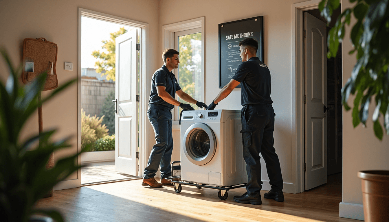 Two workers moving large washer with safe method poster in mudroom