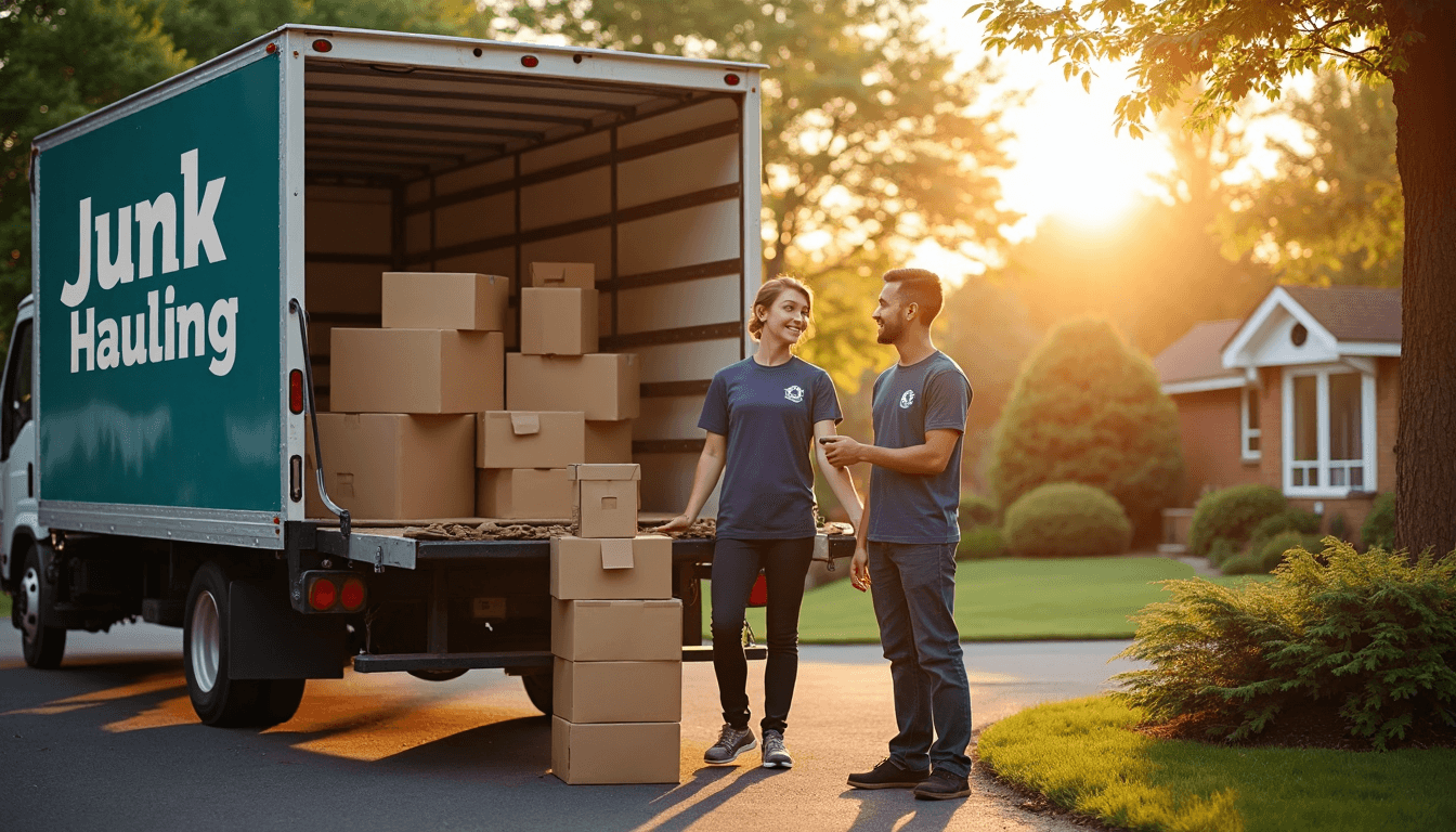 Junk hauling crew and homeowner with branded truck in driveway