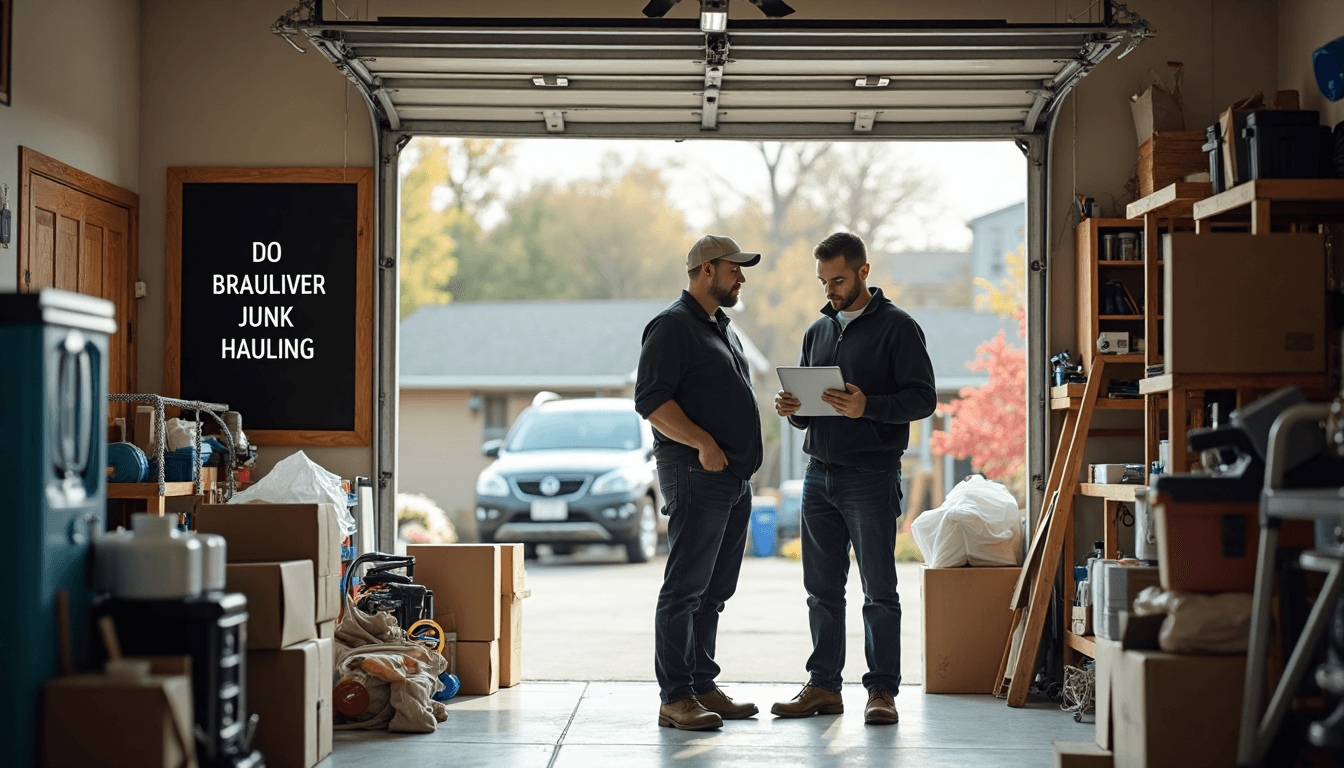 Junk hauling team assessing cluttered garage with branded checklist poster