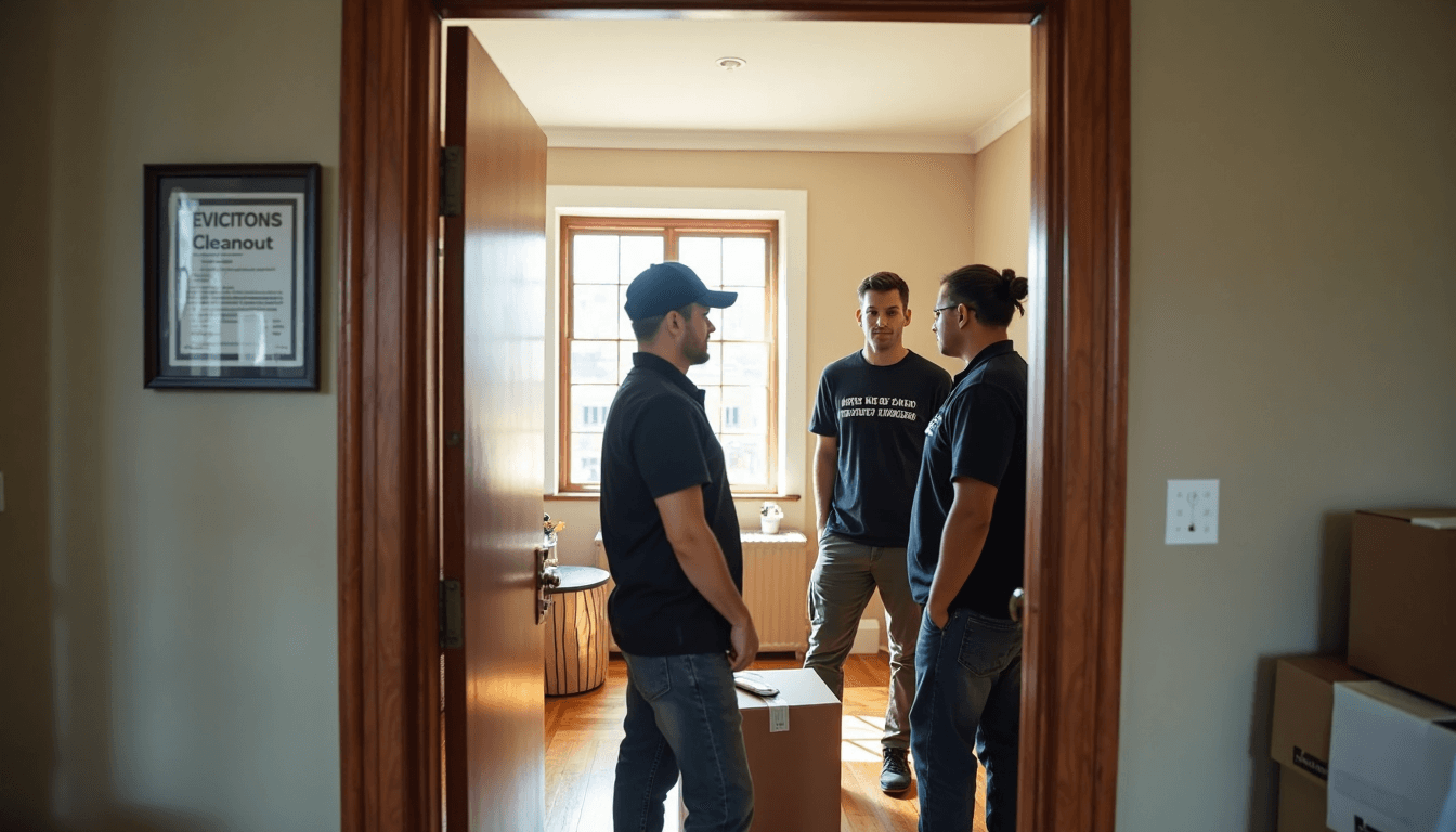 Cleanout team and manager near eviction notice on door