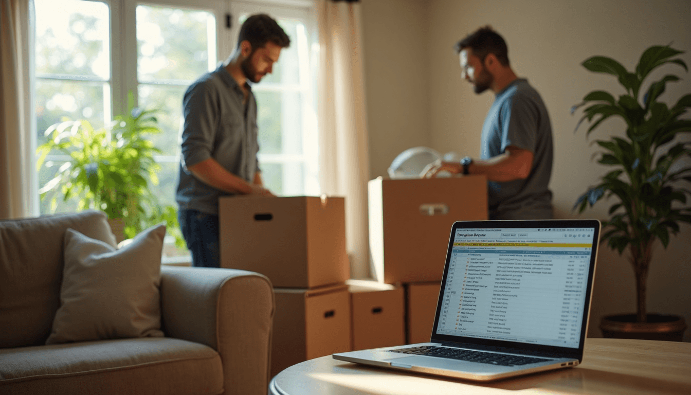 Cleanout workers catalog items with inventory laptop open