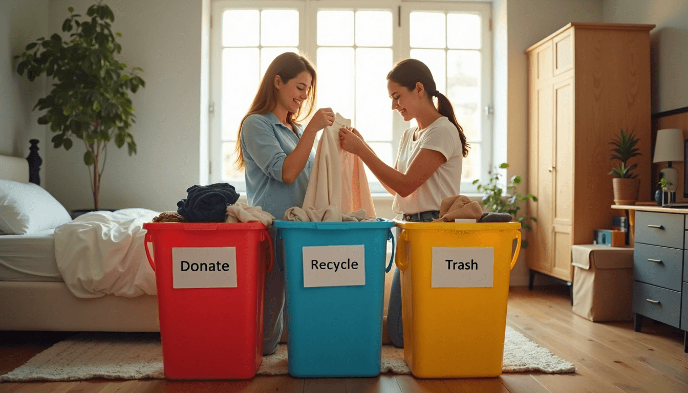 Roommates sorting belongings into bins with 'Sorting Strategy' on notepad or tablet