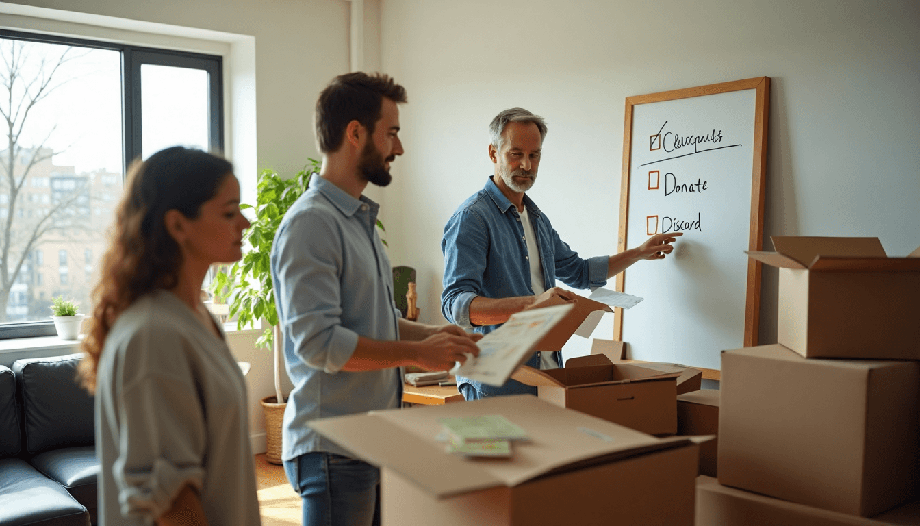 People sorting items and boxes for apartment cleanout with 'Cleanout Plan' visible