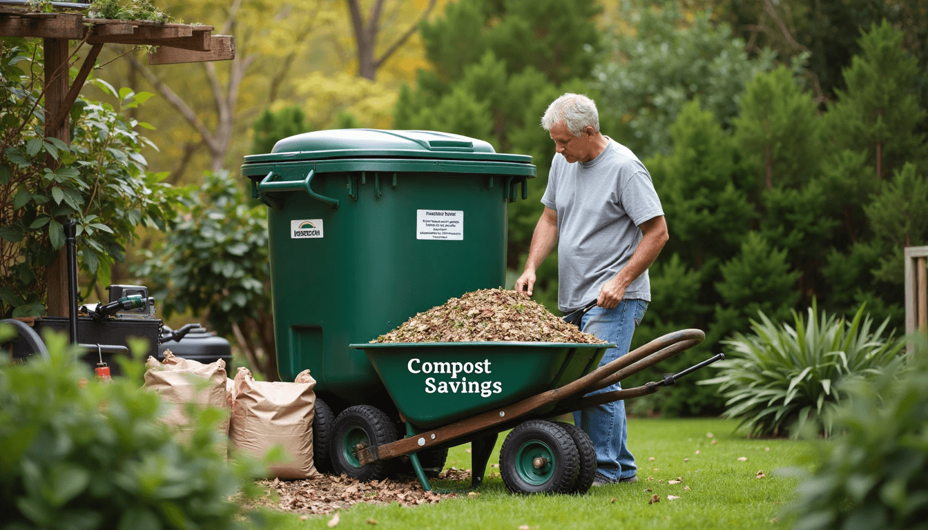 Homeowner composting yard waste with compost savings sign.