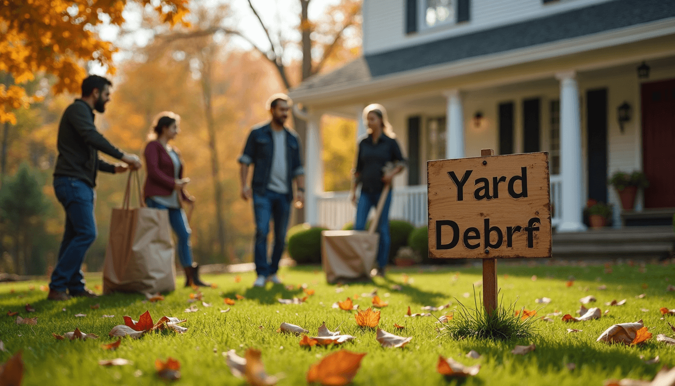 Connecticut family sorting and bundling yard debris in autumn.