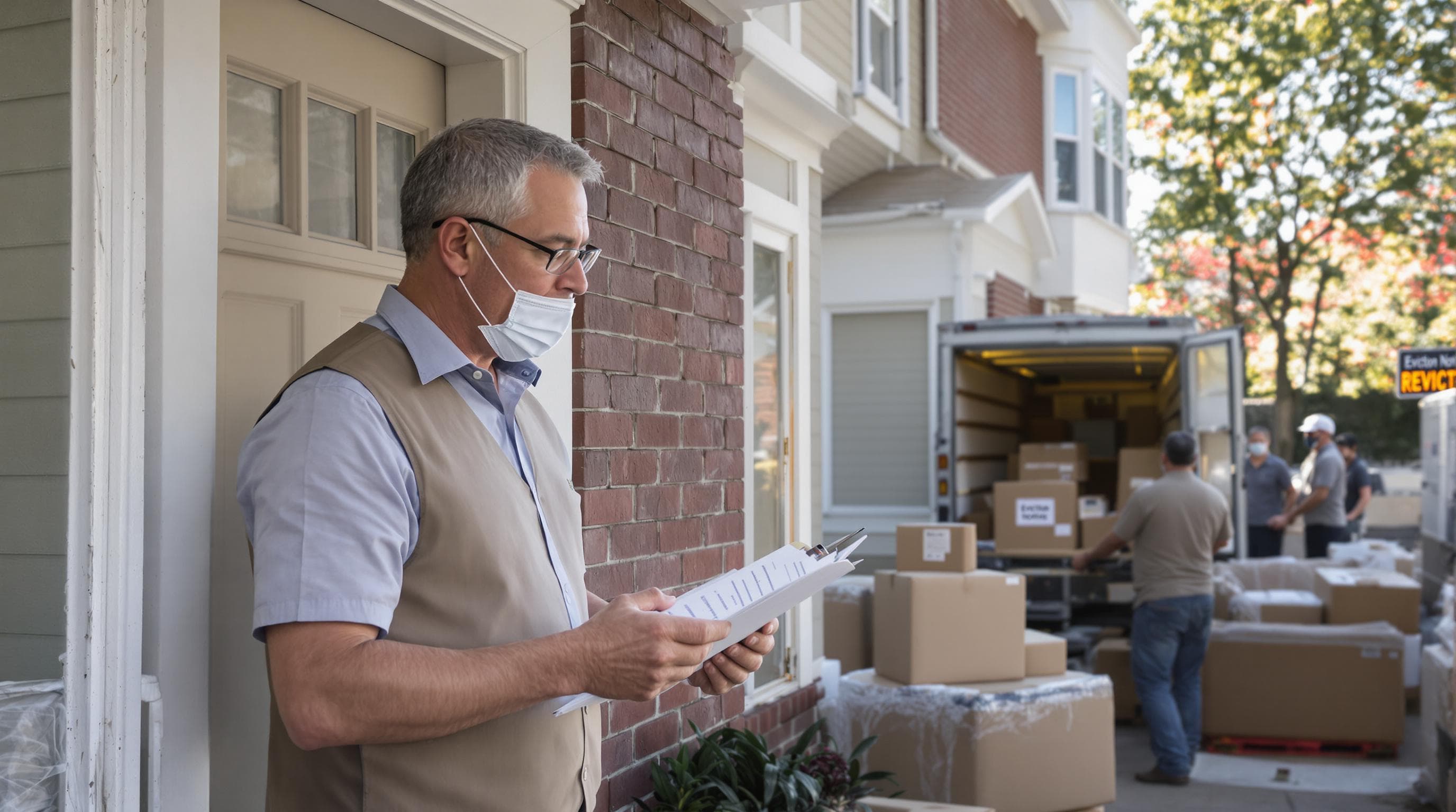 Property manager at Connecticut eviction cleanout with notice sign