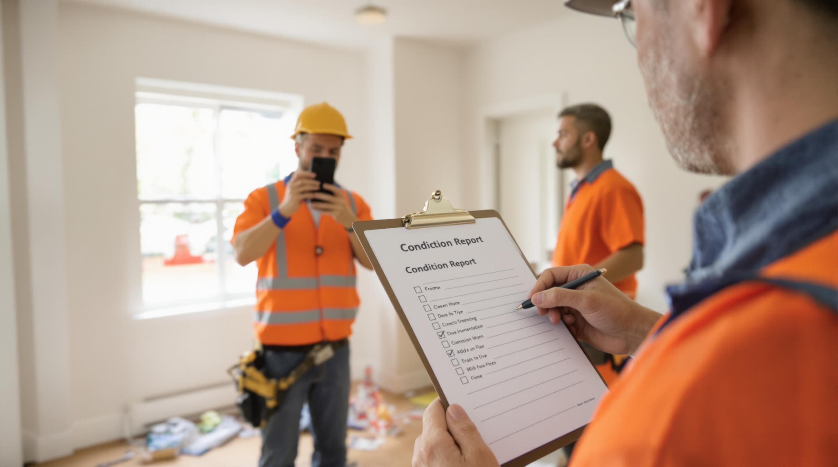 Maintenance crew documenting apartment condition post-eviction