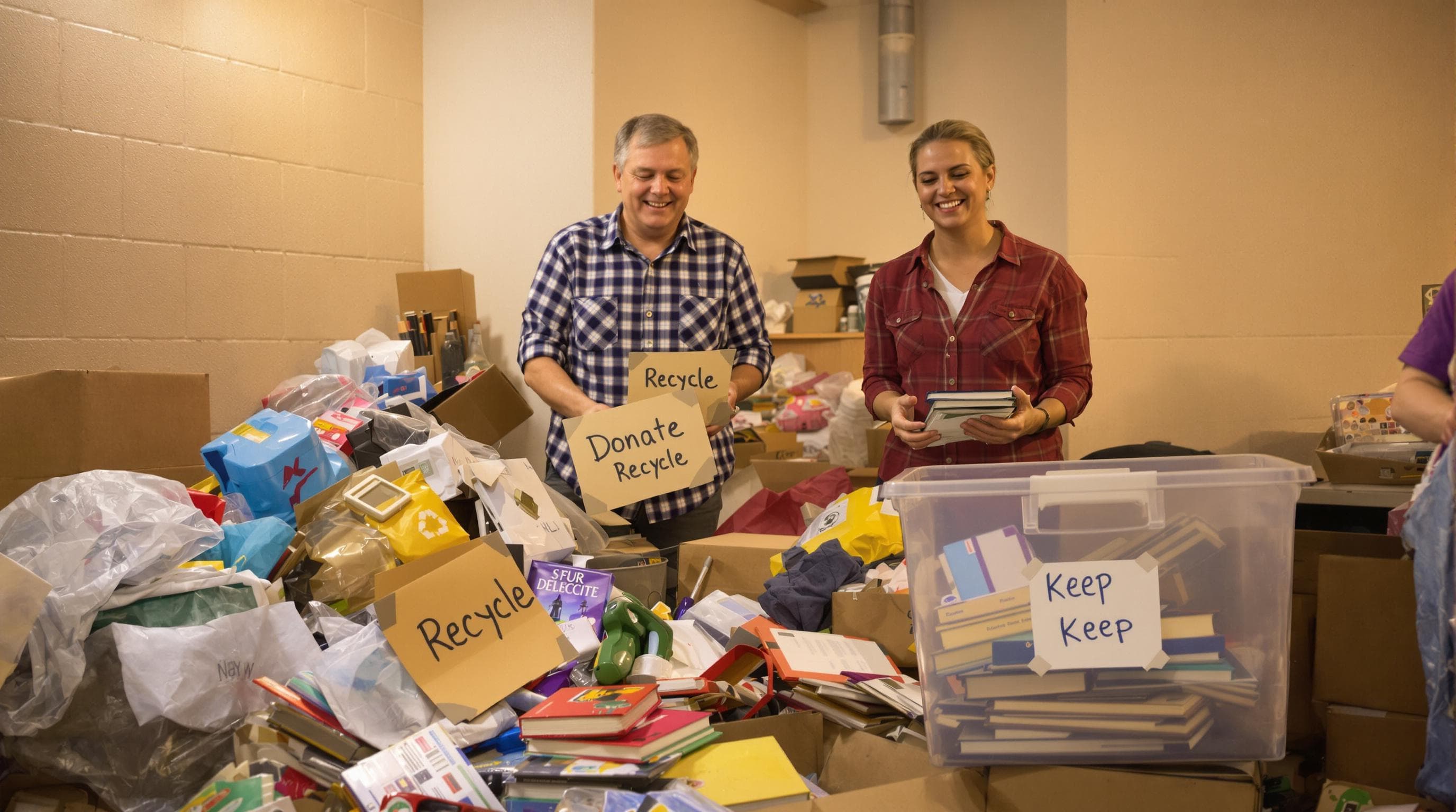 Adults sorting basement items into donate, recycle, and keep piles