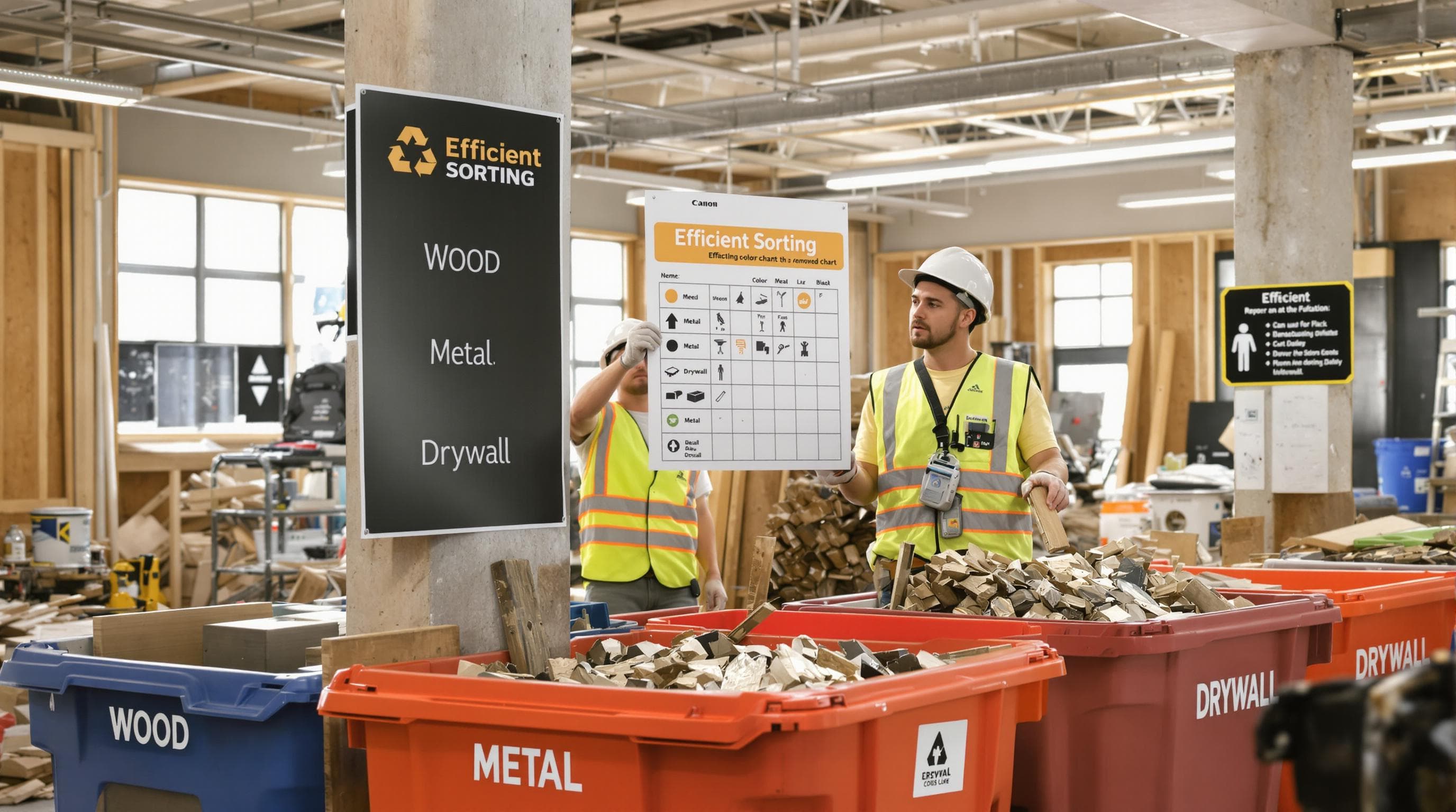 Workers sorting renovation debris into labeled recycling bins