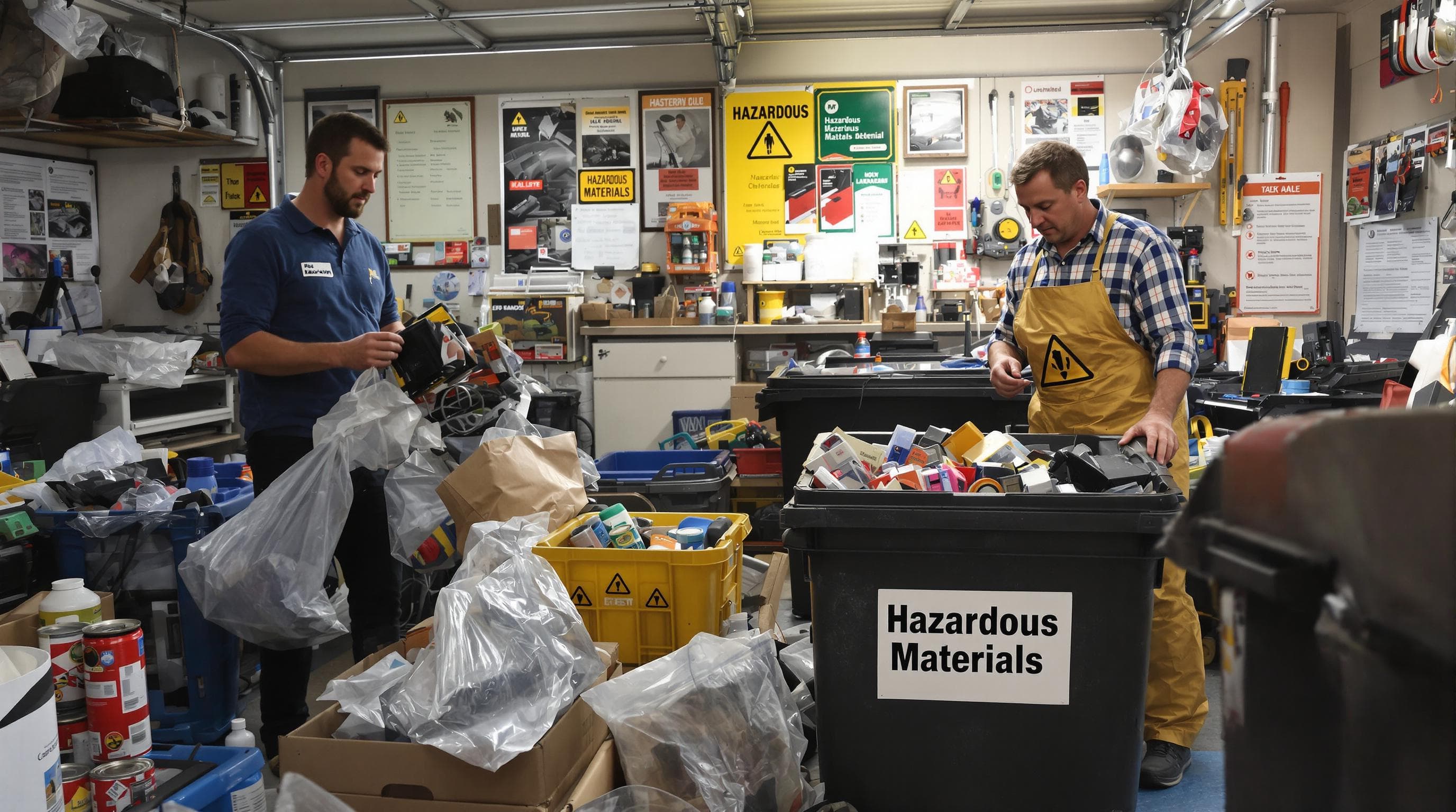 Adults sorting hazardous waste from junk in garage