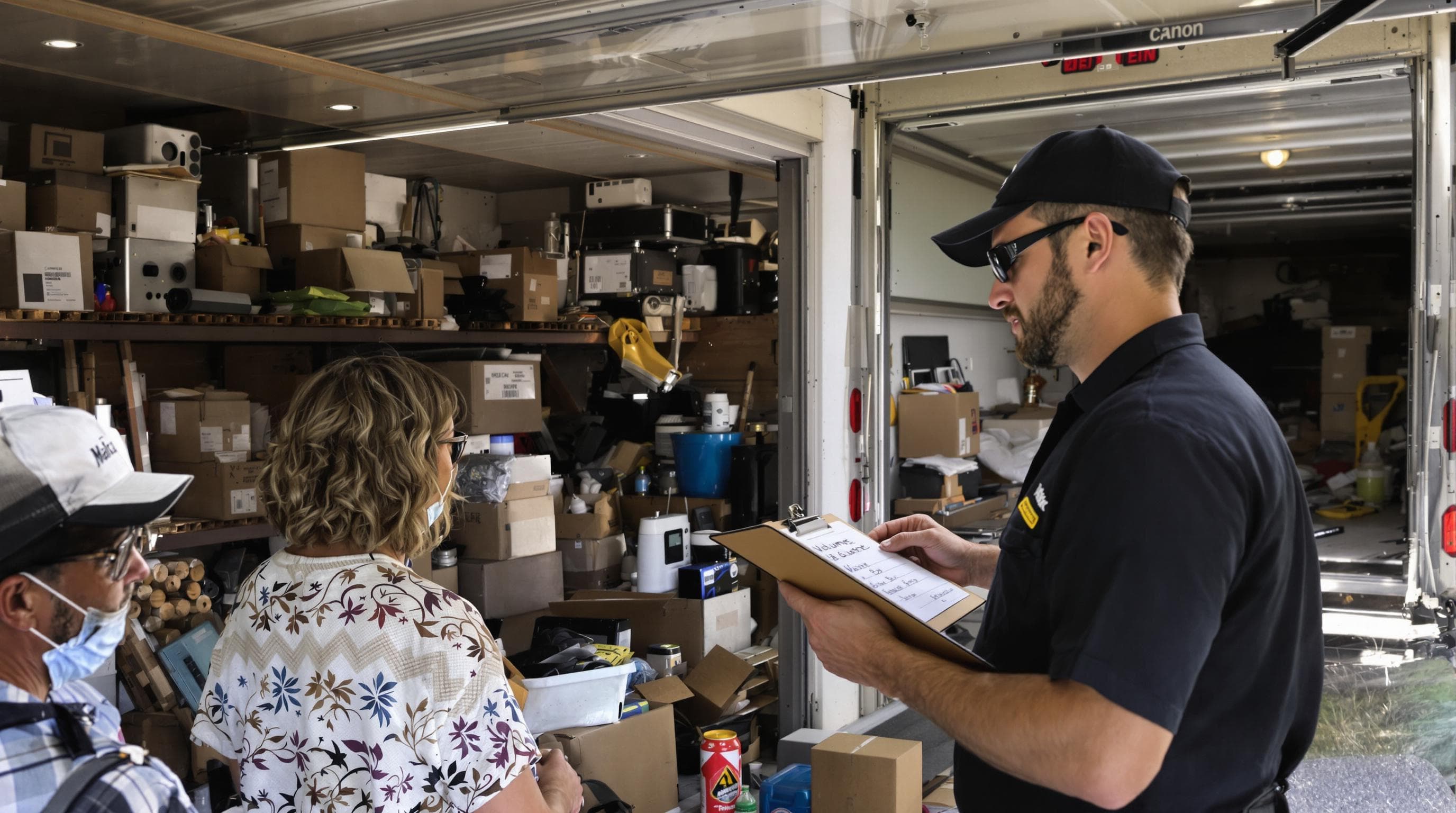 Consultation in cluttered garage about junk removal volume and weight