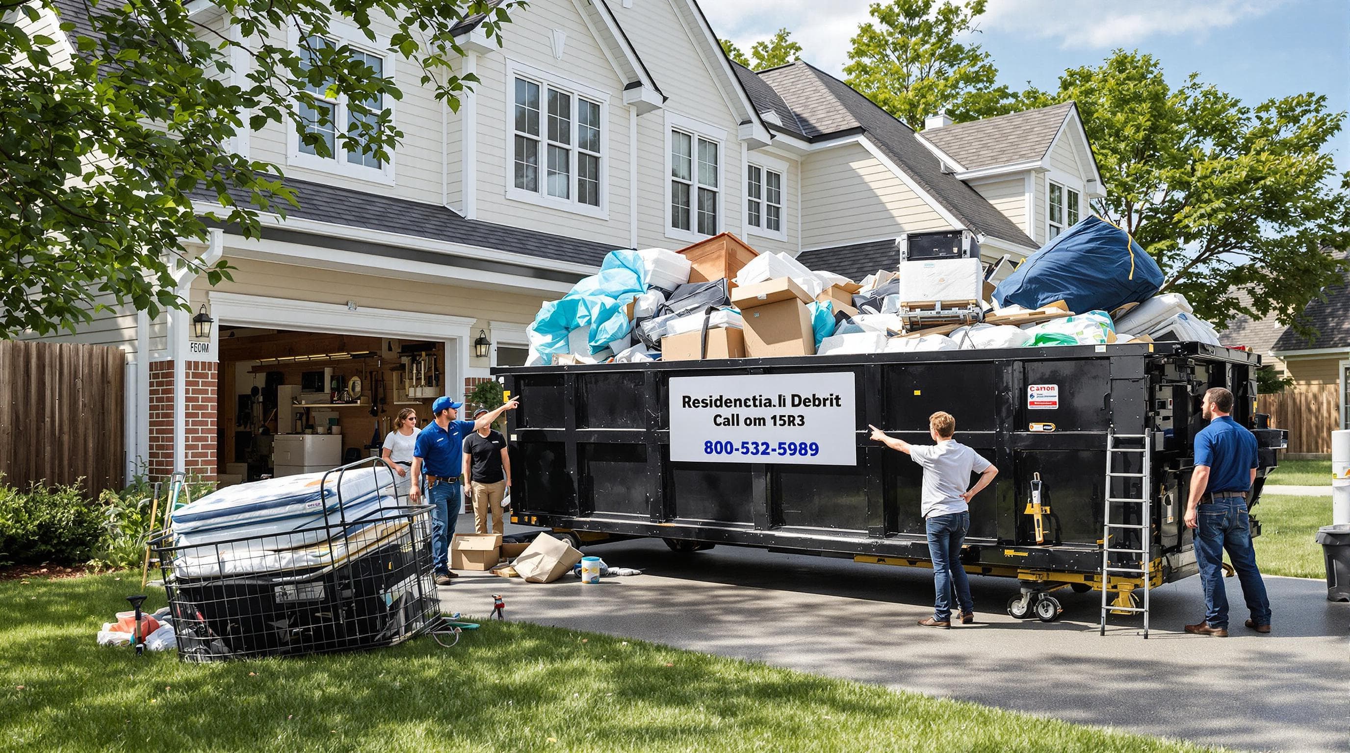 Hauling crew removes household junk and garden debris from driveway