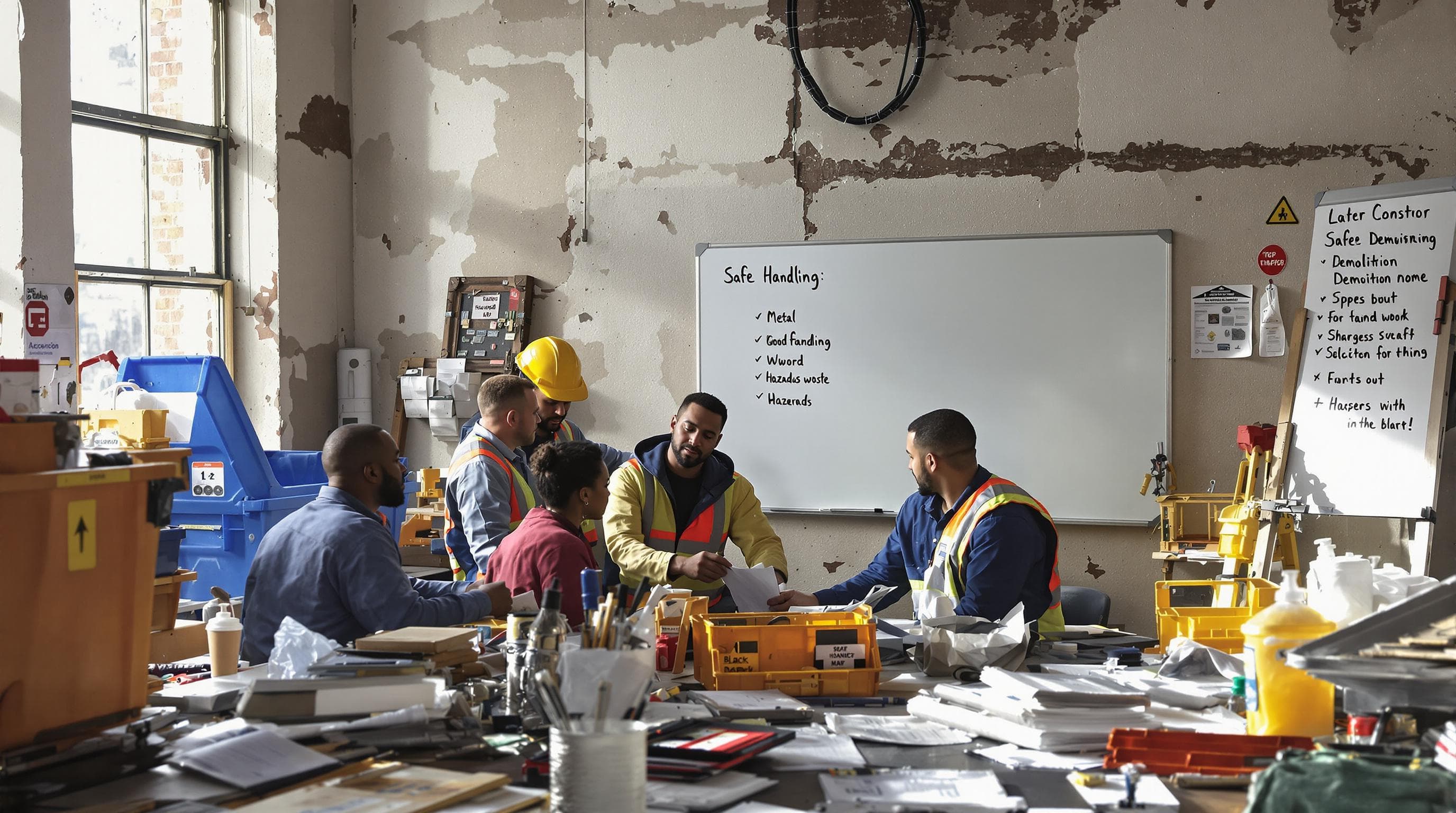 Construction crew plans safe debris handling with checklists and labels