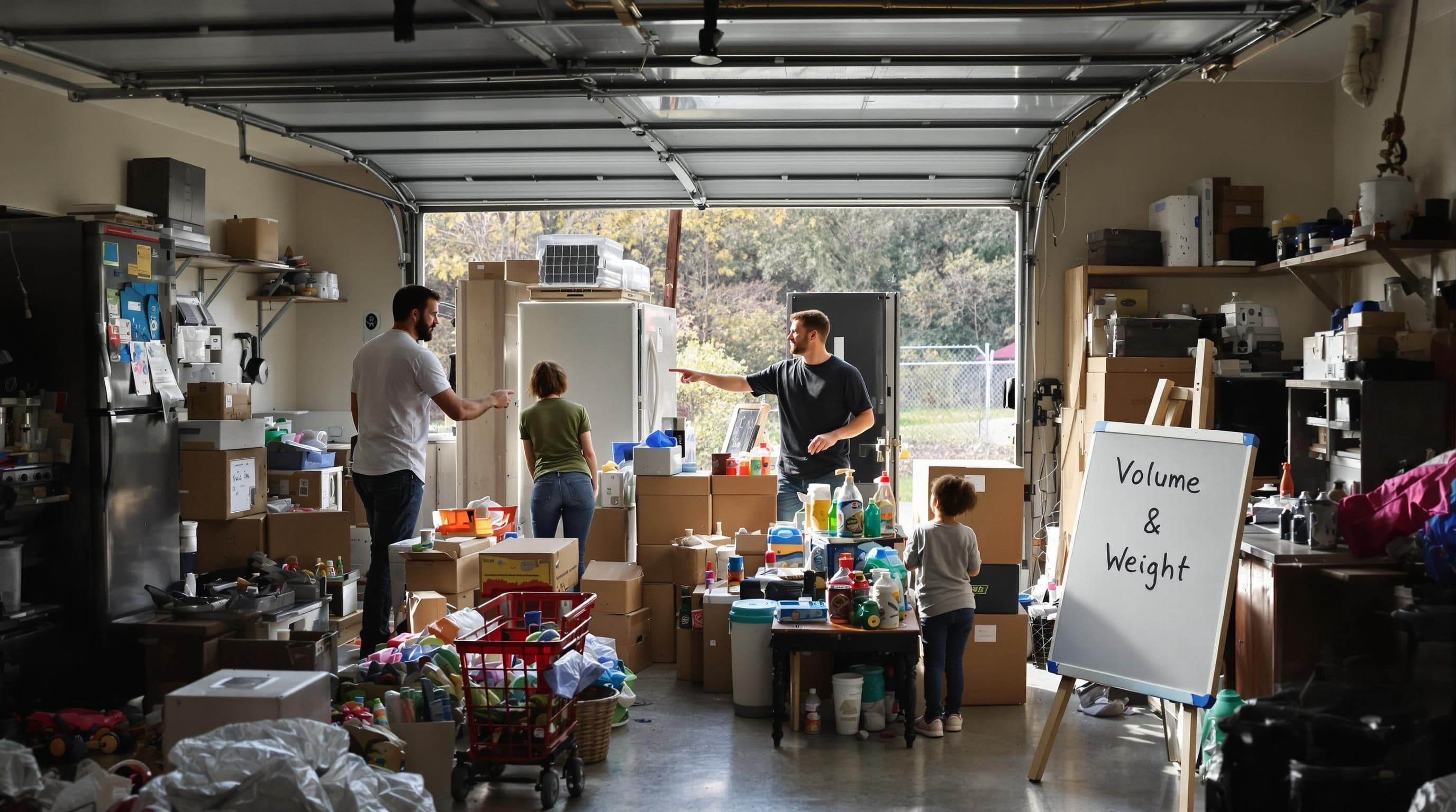 Family and junk removal pro sorting garage based on volume and weight