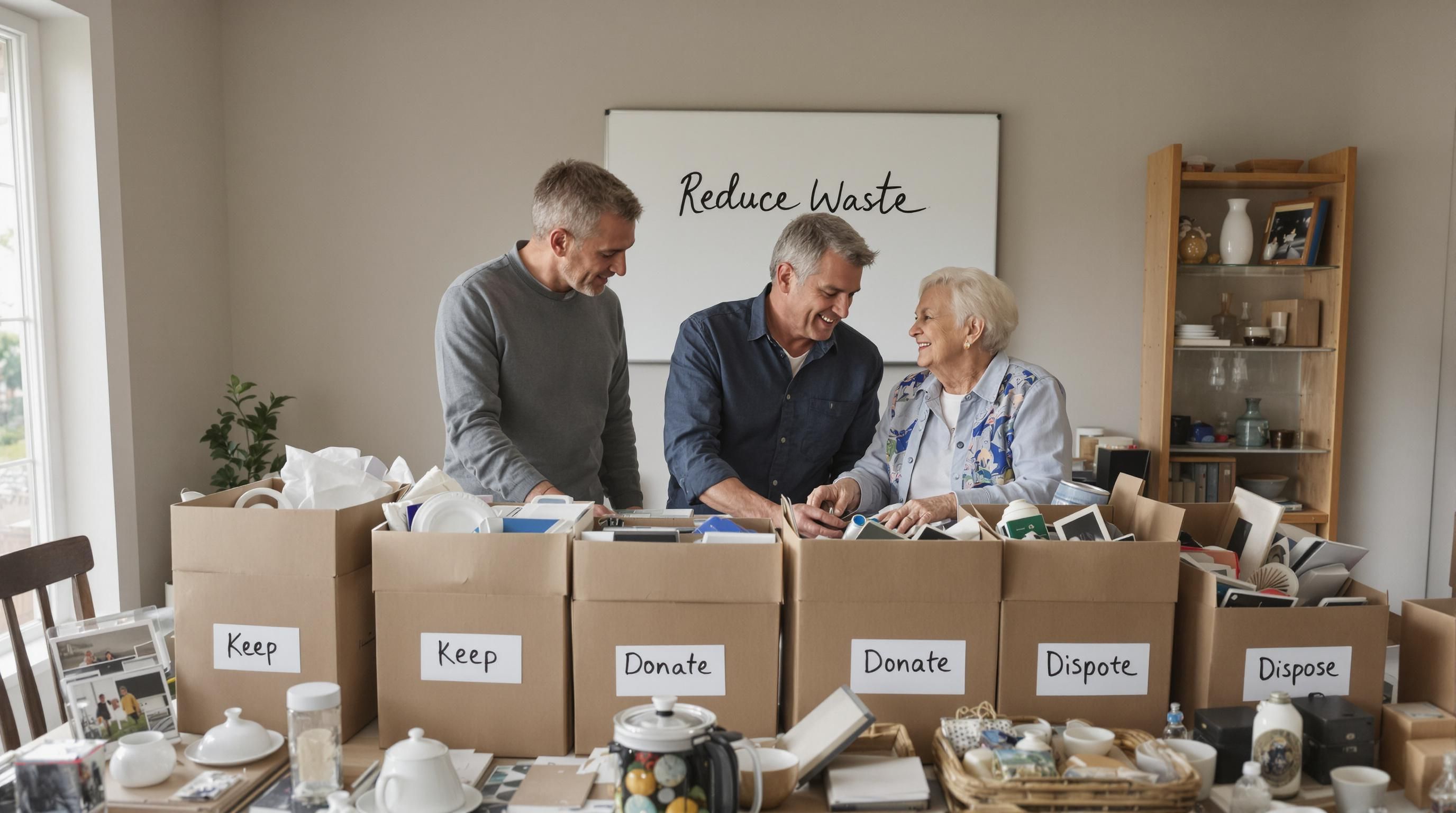 Adults thoughtfully sorting estate items into labeled boxes