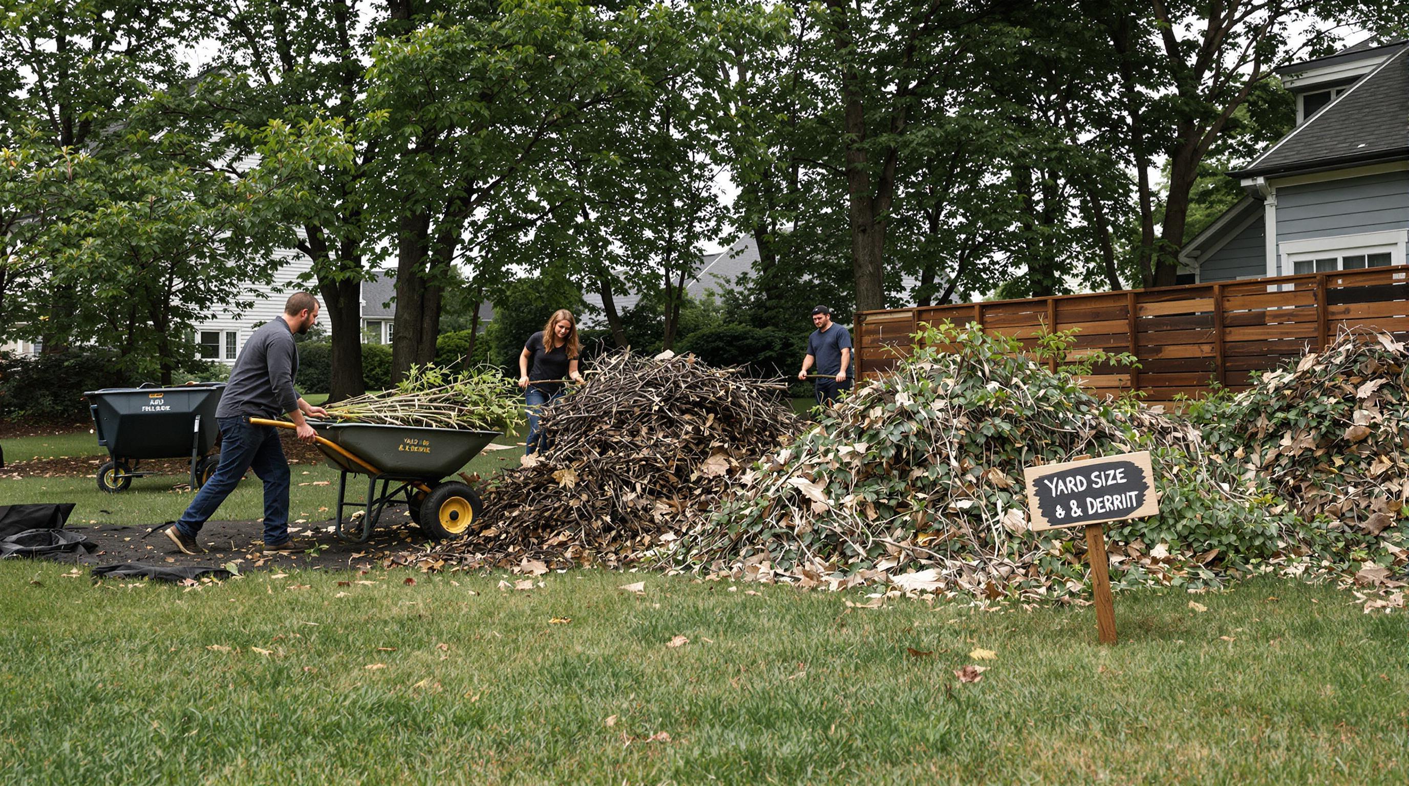 Family organizes yard debris by type and yard area outdoors