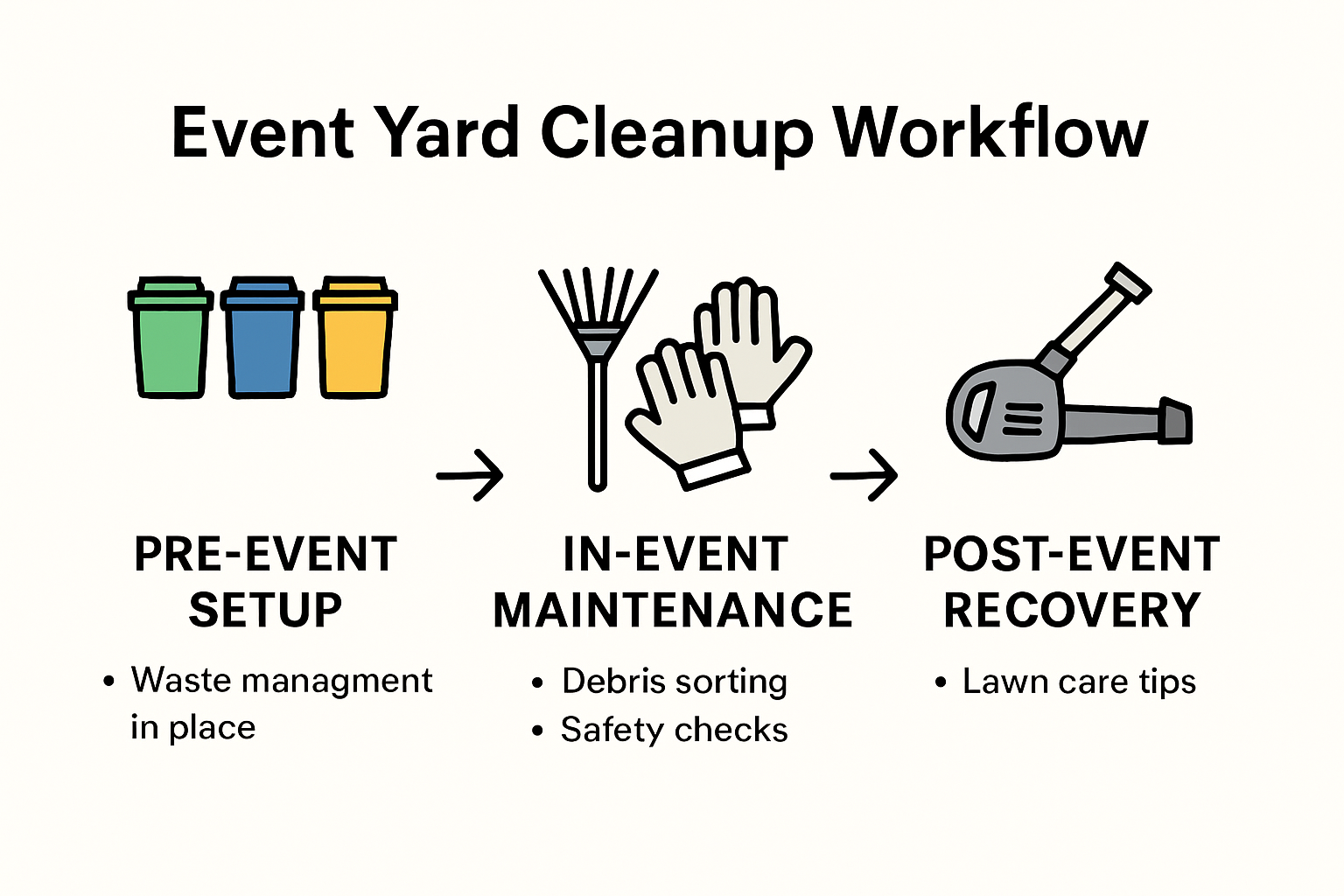 Infographic showing event yard cleanup workflow and tips