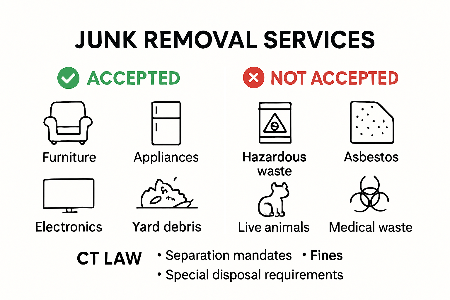 Infographic listing allowed and banned junk items in Connecticut