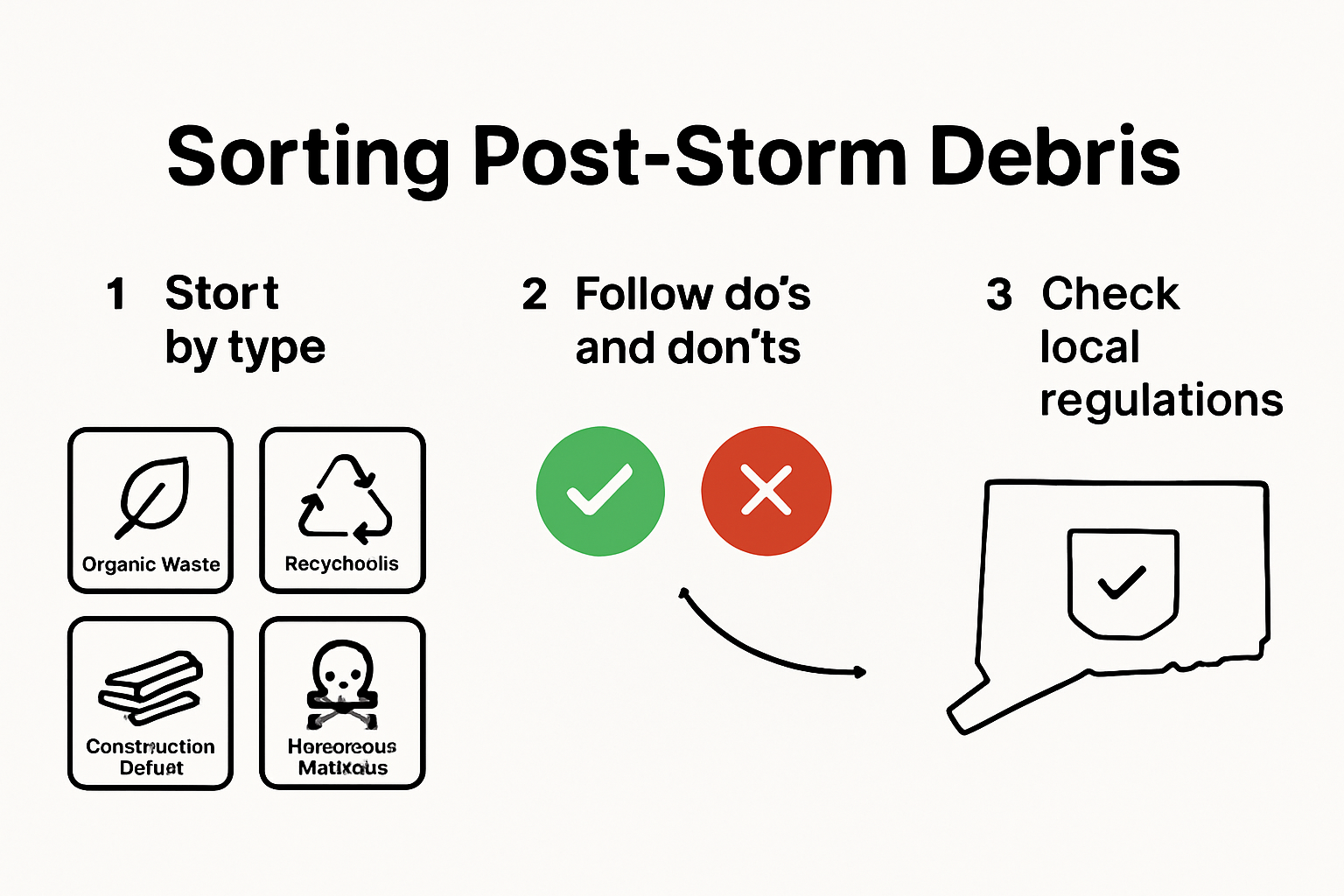 Infographic showing storm debris sorting and disposal steps