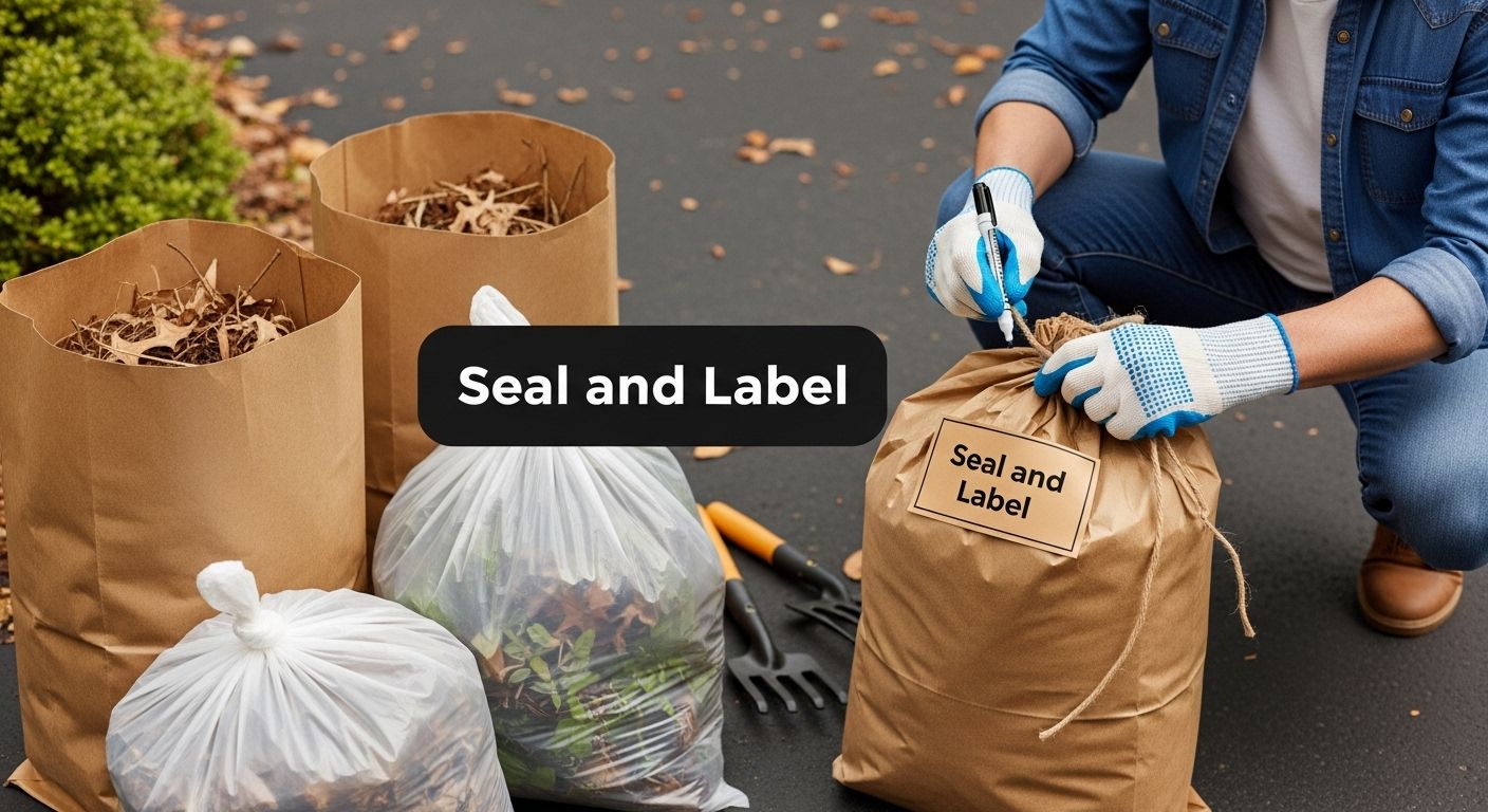seal label bags, yard debris, cleanup
