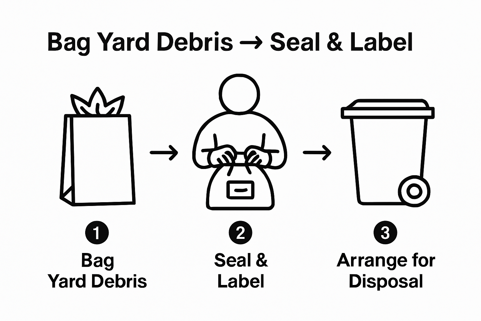 Three-step yard debris bagging process infographic