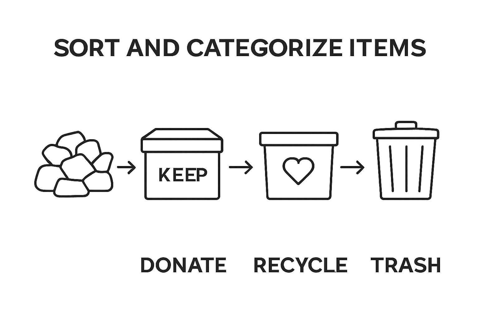 Infographic showing sorting home office items into keep, donate, recycle, and trash categories