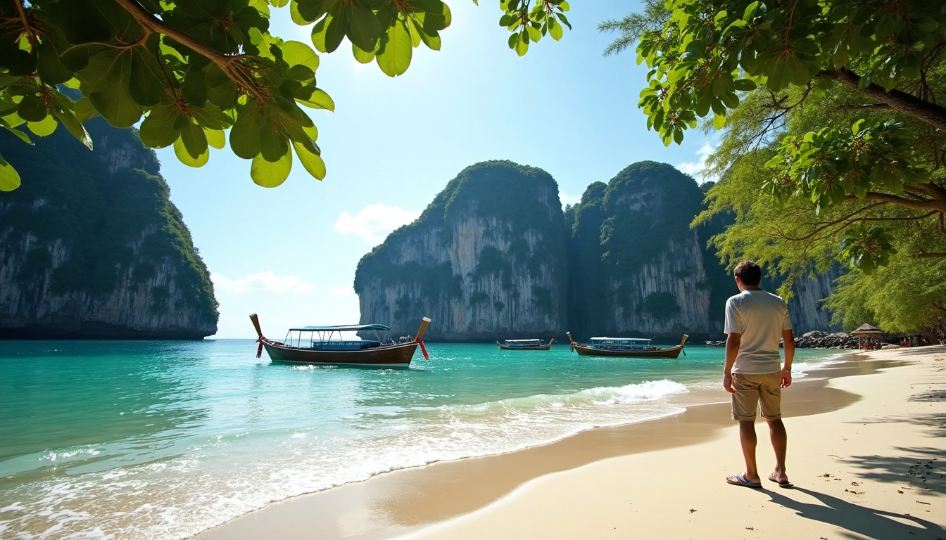 Krabi beach with longtail boats and limestone cliffs