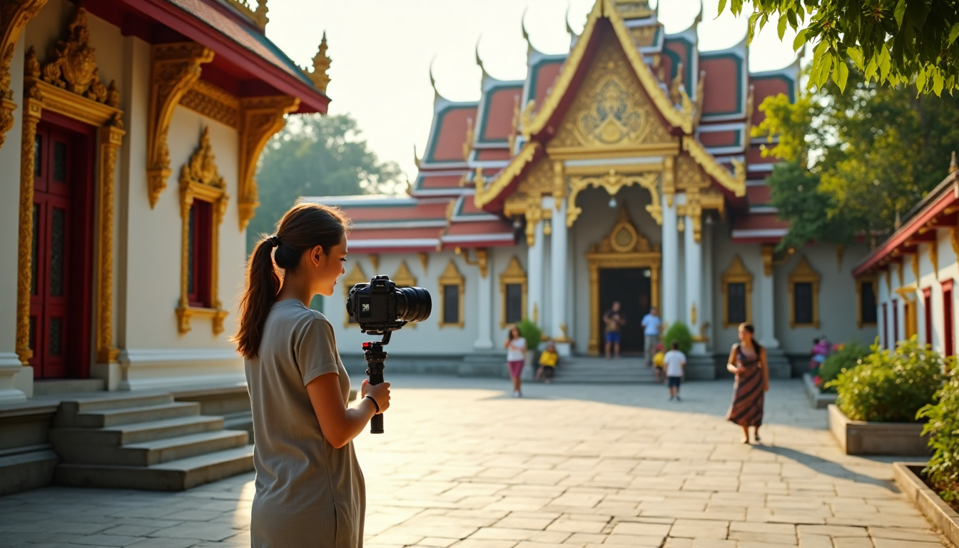 Tourist respectfully filming at Thai temple entrance