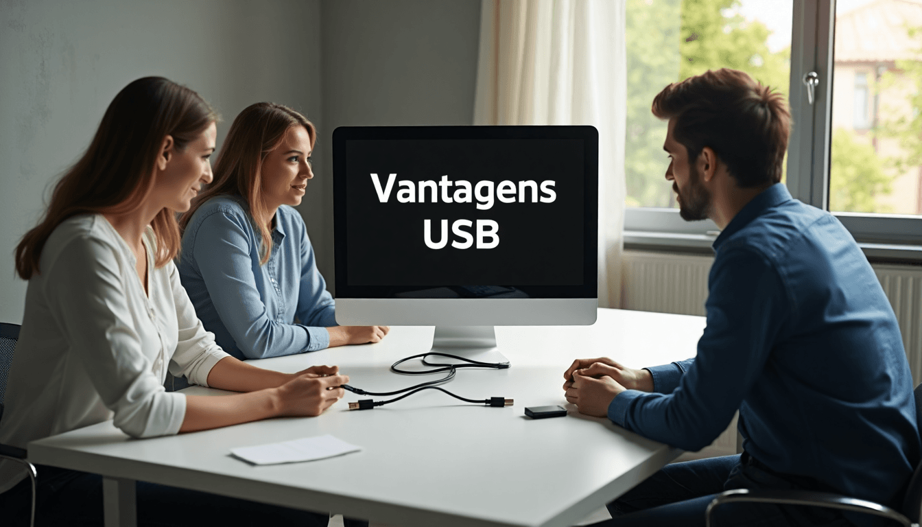 Três pessoas comparam carregadores USB em mesa de escritório iluminada