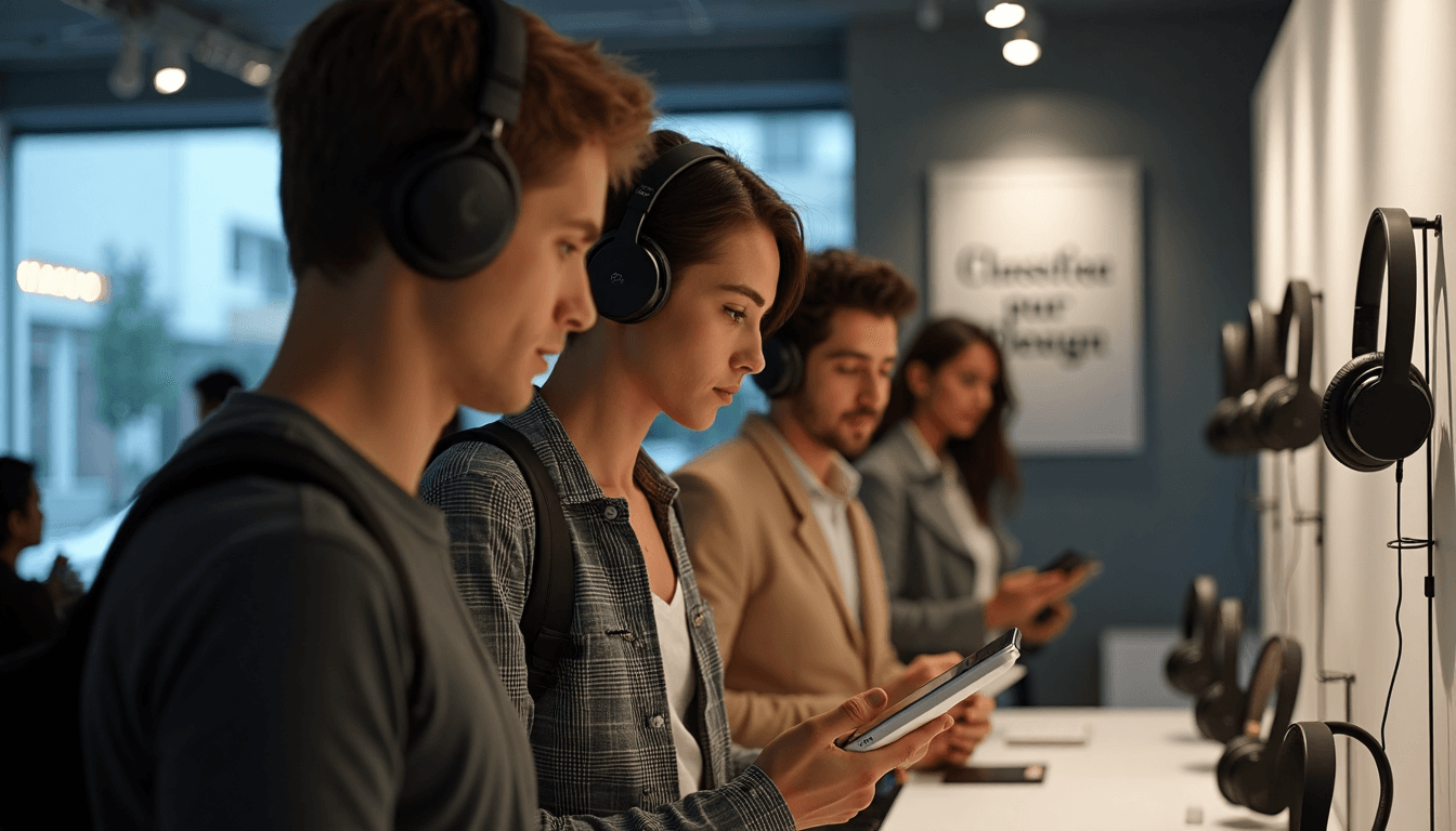 Shoppers comparing in-ear, on-ear, and over-ear headphones