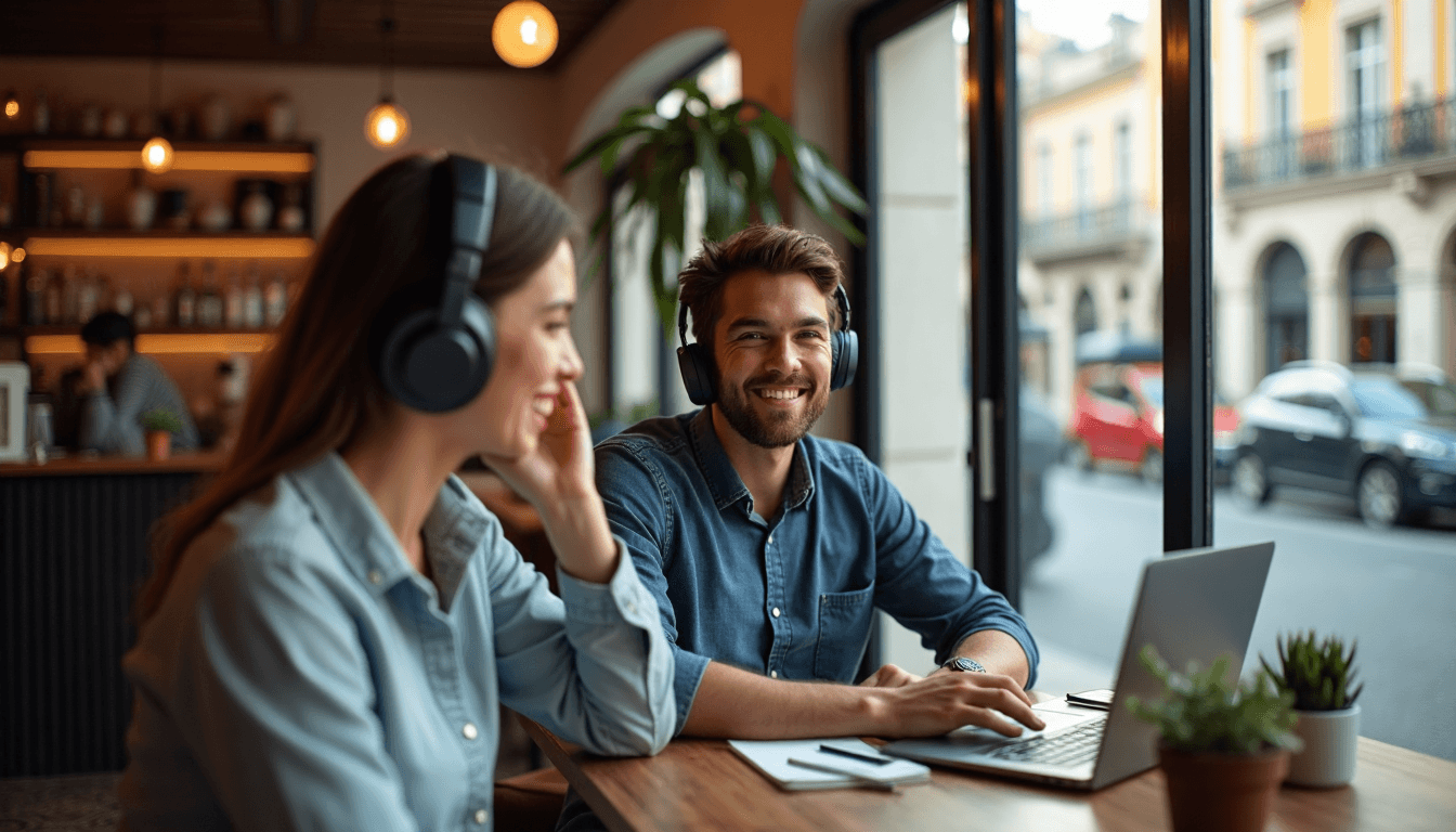 Portuguese young adult wearing headphones in Lisbon café setting
